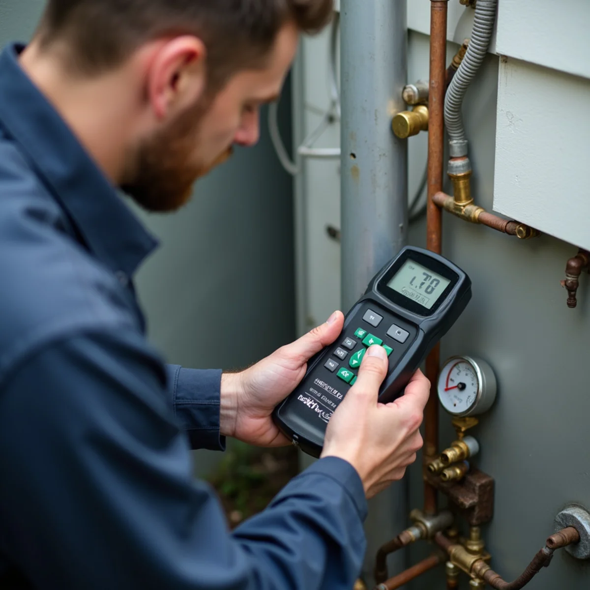 HVAC technician using an electronic leak detector on refrigerant lines at an AC condenser, gauges attached in Newburgh, NY