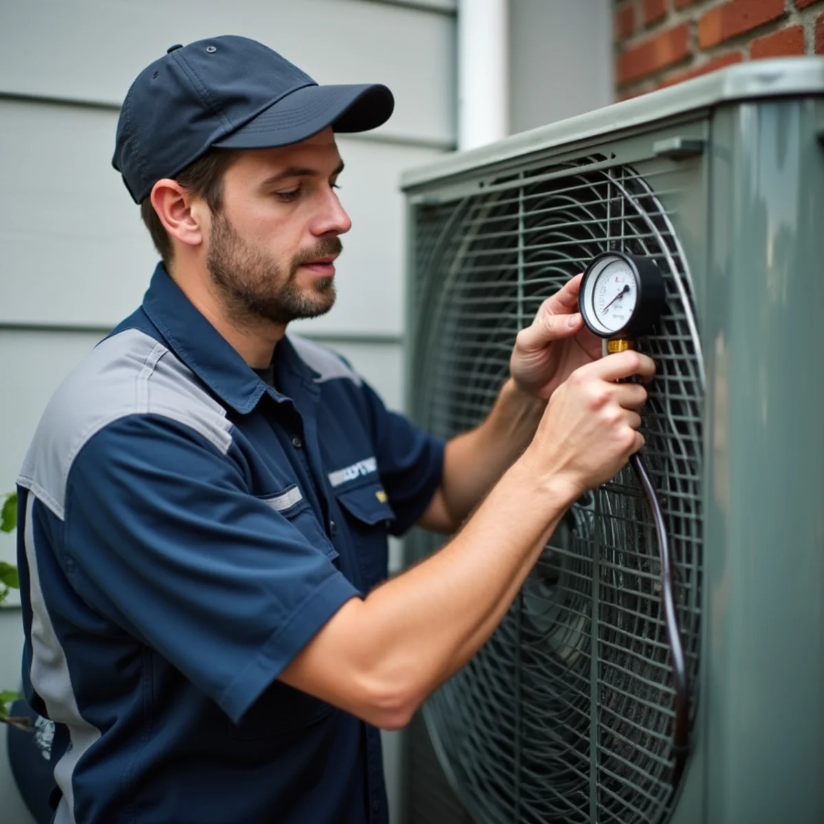 HVAC technician using a gauge set to check refrigerant charge on an AC in Vails Gate, NY