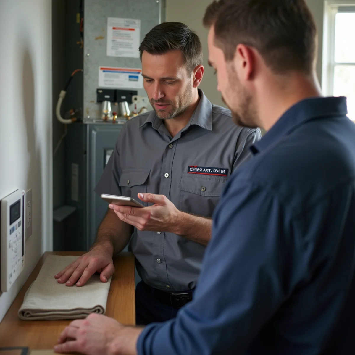 HVAC technician reviewing a home comfort system with a homeowner beside a furnace and thermostat in Newburgh, NY