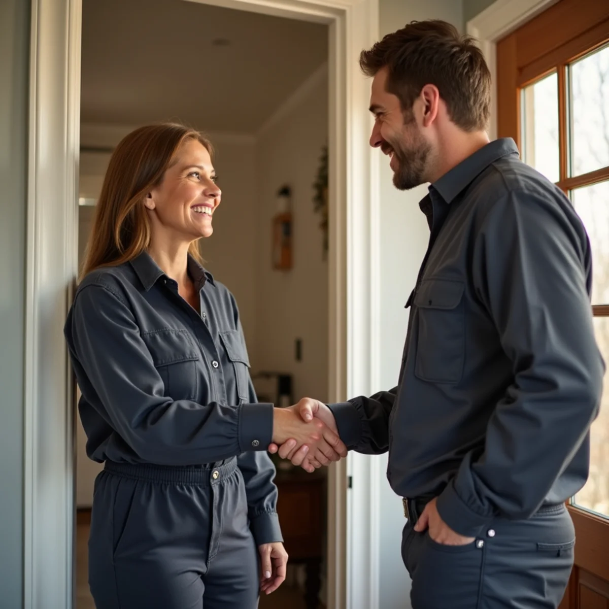 Happy Newburgh, NY homeowner with an HVAC technician after service
