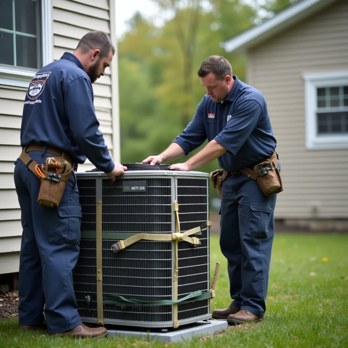 Outdoor HVAC condenser strapped and protected before a severe storm in Coldenham, NY