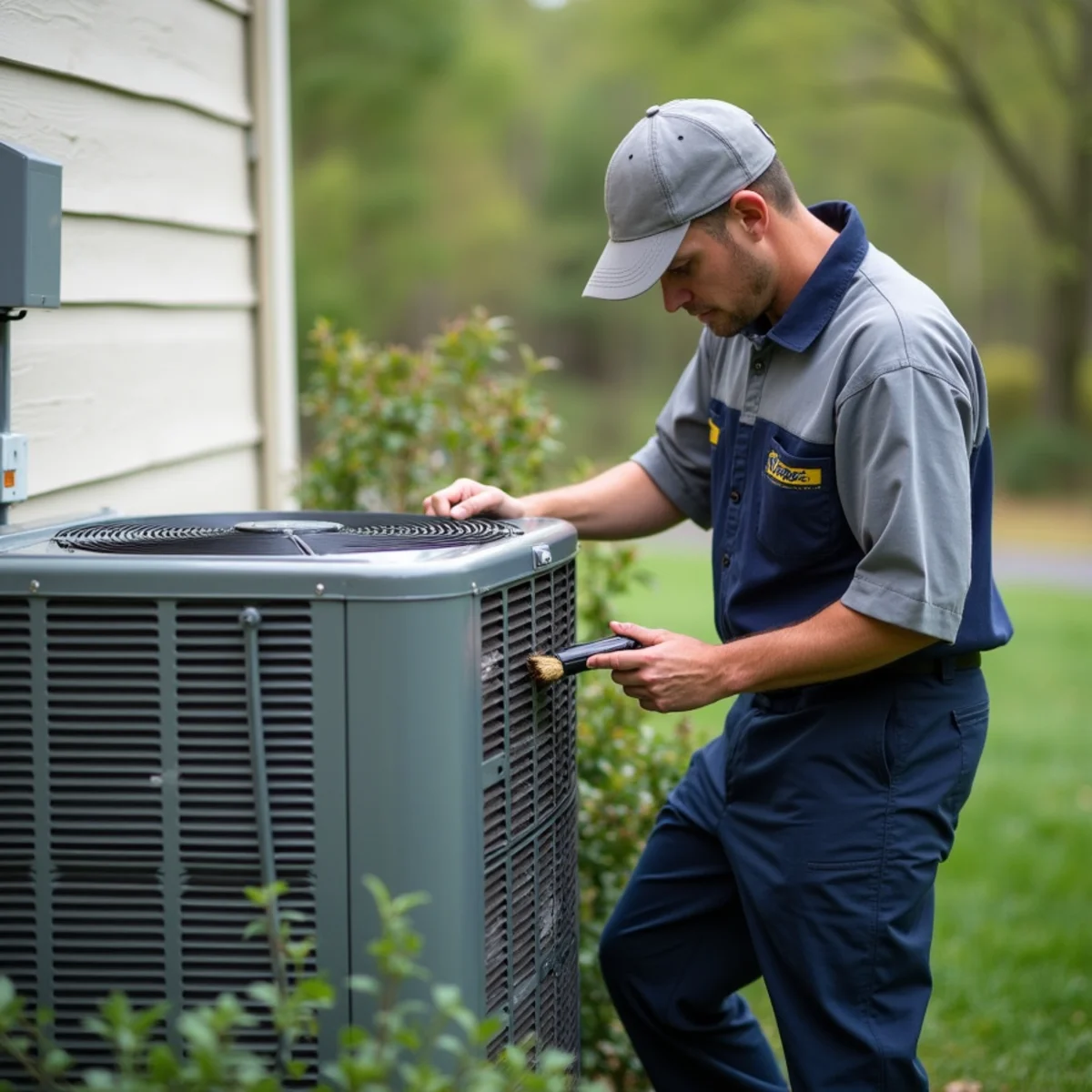 Technician cleaning an outdoor condenser coil during a spring AC start-up in Fostertown, Newburgh, NY