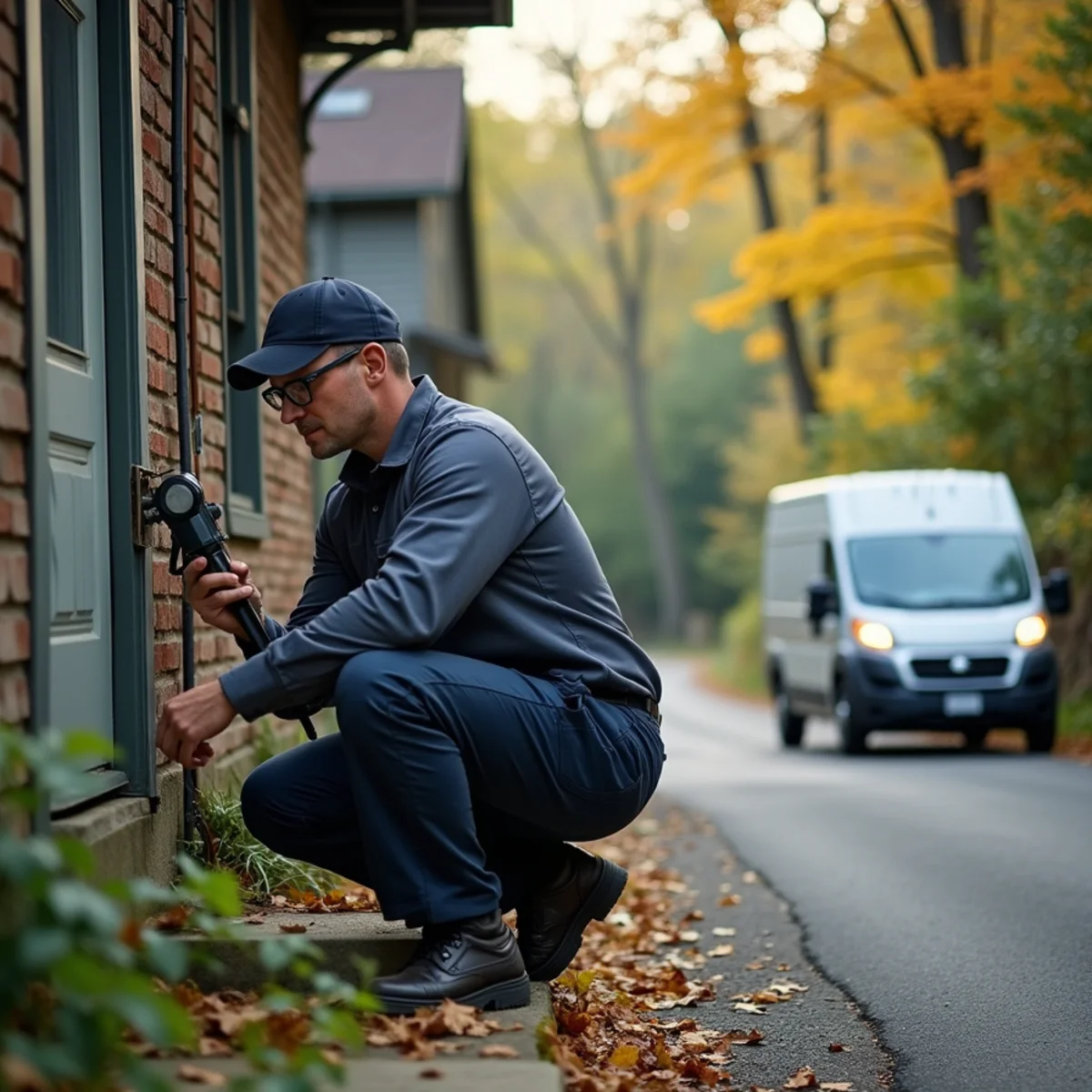HVAC technician repairing a boiler in a dense older home in Wappingers Falls, NY near the creek