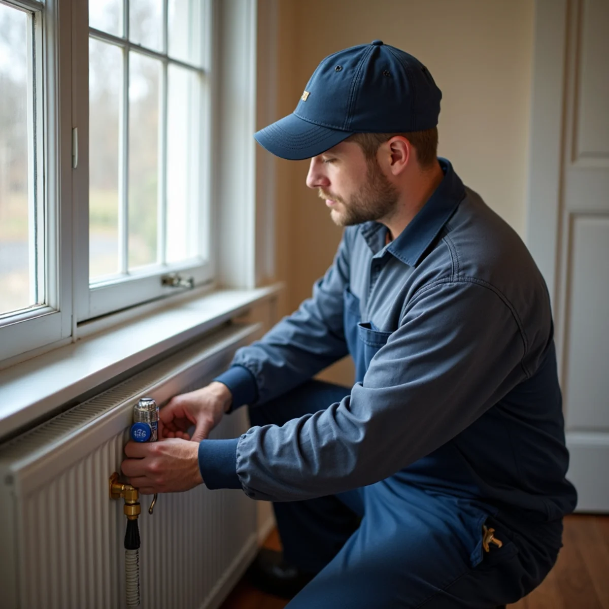 Homeowner bleeding a hot-water radiator while winterizing a Washington Heights home in Newburgh, NY